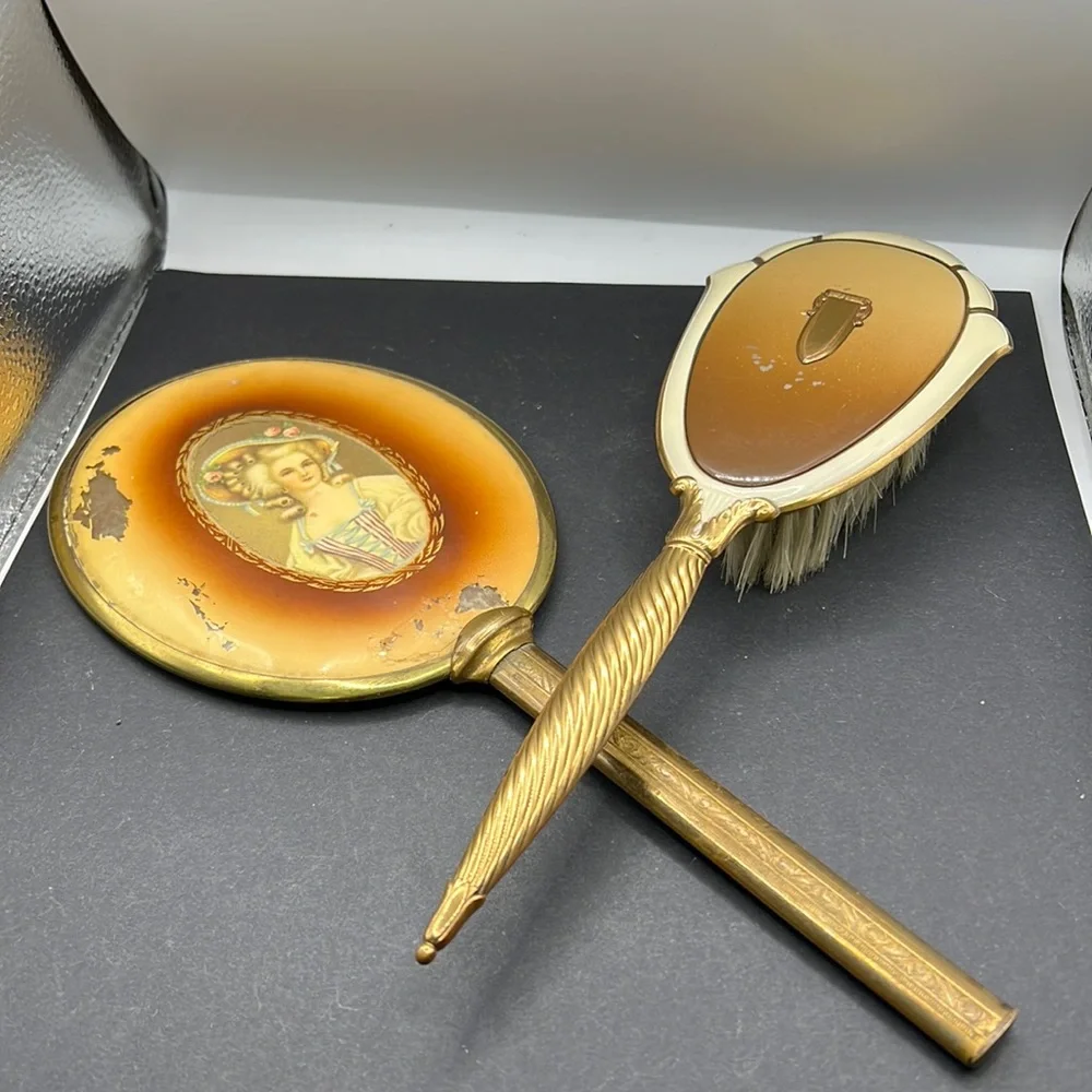 Vintage cameo hand mirror and brush set